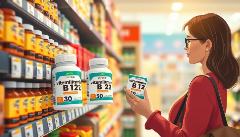 Kaupan hyllyllä vitaminipakkauksia vertaileva henkilö pitää kädessään tablettipurkkia ja katsoo hintalappua.