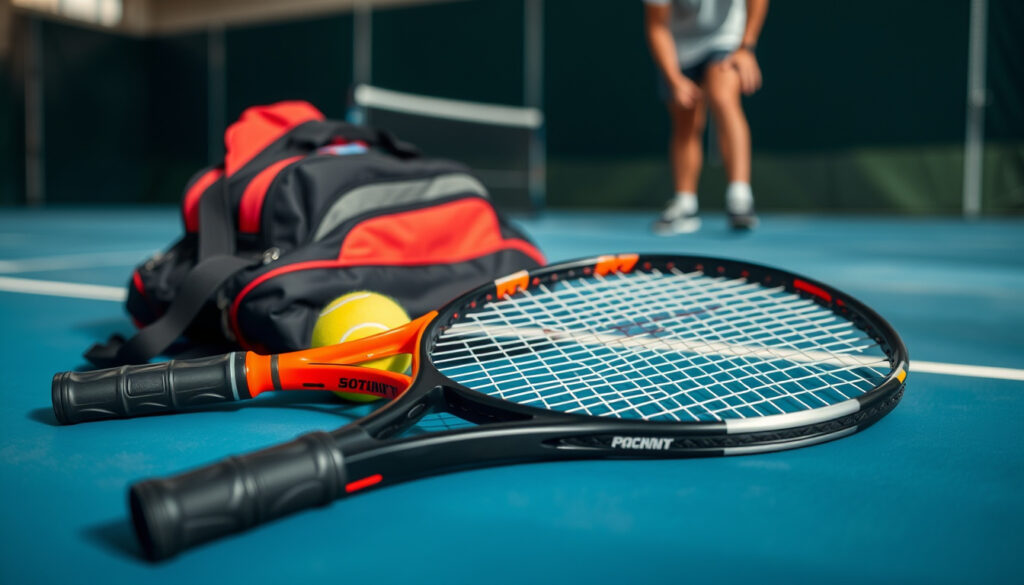 Tennismaila ja tennispallo kentän laidalla laukun vieressä, taustalla pelaaja tarkistamassa kahvan sopivuutta kätensä mukaan.