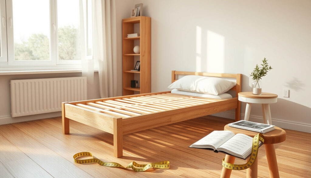 Vaalea 120x200 sänvy runko makuuhuoneessa lattialla mittanauha ja huoneen mitat muistiinpanoissa