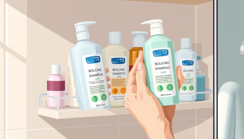 Apteekin hyllyllä olevia shampoopulloja katsomassa seisova henkilö, valintatilanne rasvoittuvalle hiuspohjalle tarkoitetun shampoon äärellä.