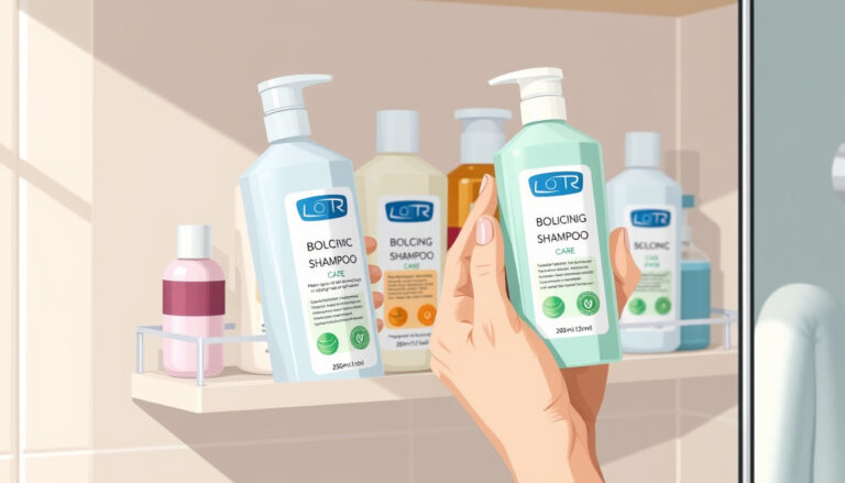 Apteekin hyllyllä olevia shampoopulloja katsomassa seisova henkilö, valintatilanne rasvoittuvalle hiuspohjalle tarkoitetun shampoon äärellä.