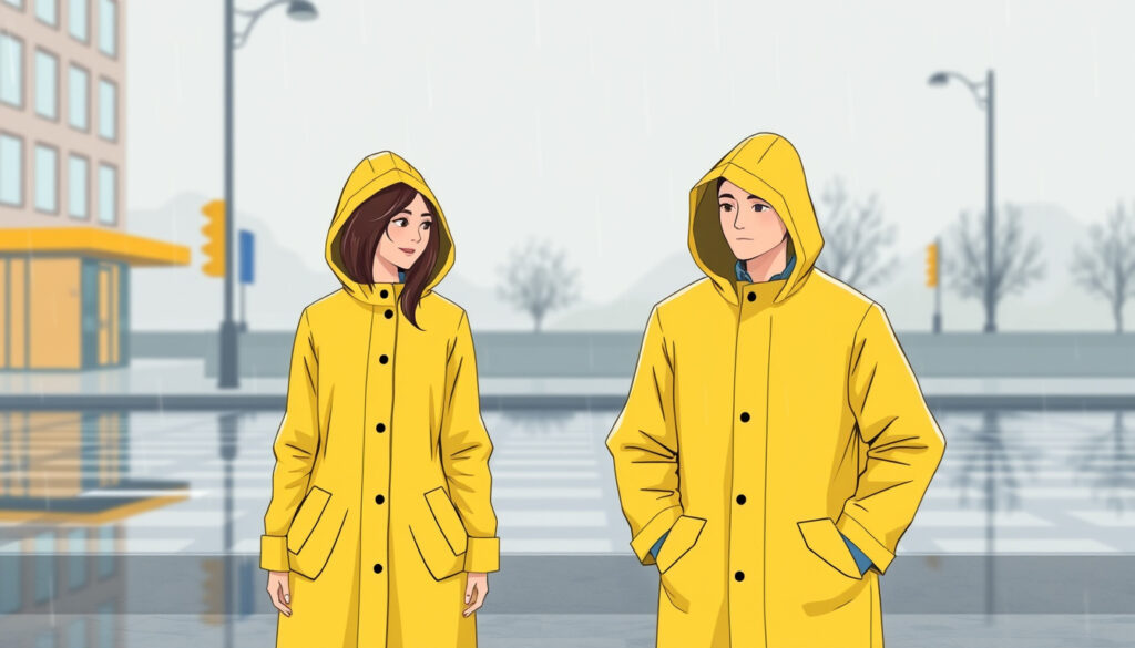 Kaksi henkilöä keltaisissa sadetakeissa seisoo sateisella kadulla, toisella pitkä ja toisella puolipitkä malli huppu päässä.