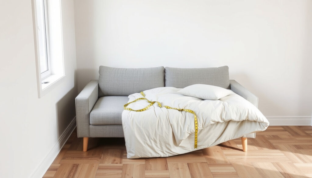 Pieni olohuone, jossa kaksipaikkainen vuodesohva on levitetty vuoteeksi seinän viereen ja mittanauha makaa lattialla sen vieressä