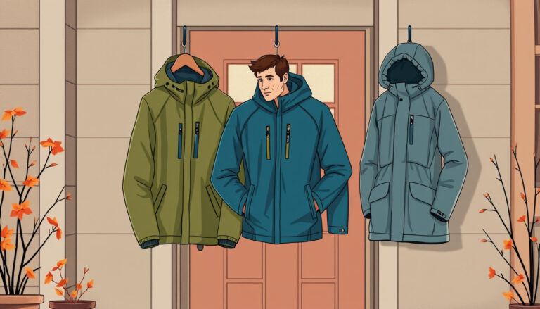 Miesten takkeja vertaillaan naulakossa: kuoritakki, softshell ja kevyesti topattu parka sateisena syksypäivänä