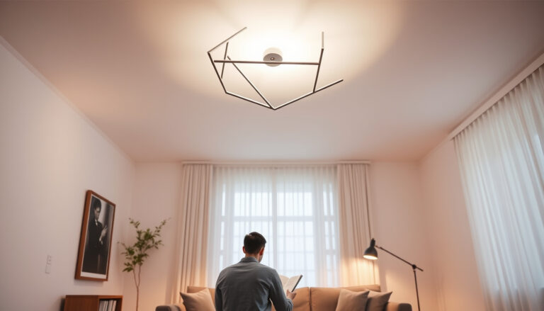 Moderni geometrinen kattovalaisin minimalistisessa olohuoneessa, jonka sohvalla ihminen valitsee sopivaa valaistusta